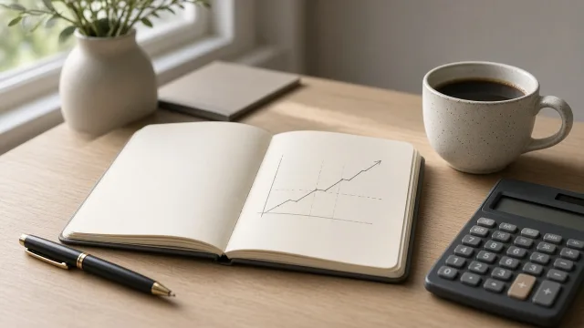 A notebook with a hand-drawn rising line chart beside a calculator and a cup of coffee on a desk