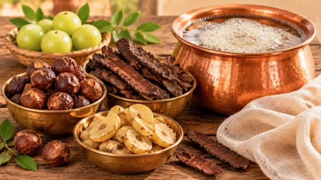 Dried soapnuts, shikakai pods and amla in bowls beside a copper pot of frothy herbal hair wash
