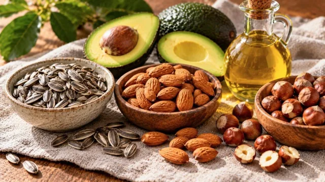 Sunflower seeds, almonds, hazelnuts, avocado halves and a small glass bottle of golden oil on a linen cloth