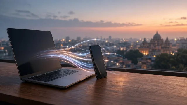 Laptop and smartphone on a desk with glowing lines of light flowing out towards a city at dusk