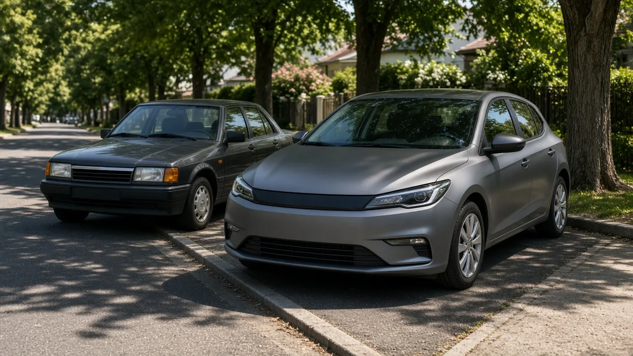 Editorial illustration of a shiny new hatchback and an older sedan parked side by side