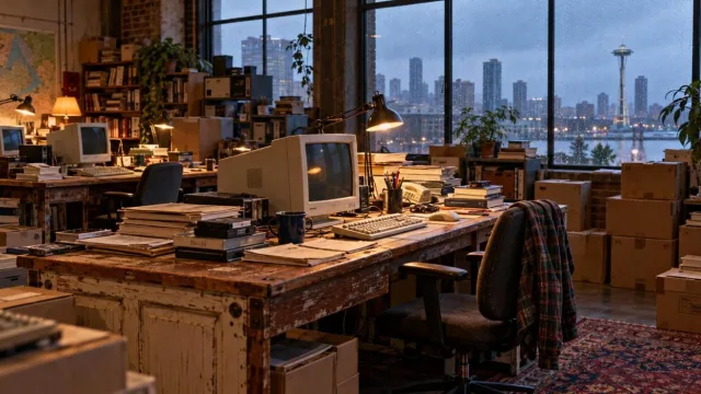 Cluttered 1990s startup office with door desks, cardboard boxes, CRT monitors and books, rain on the window