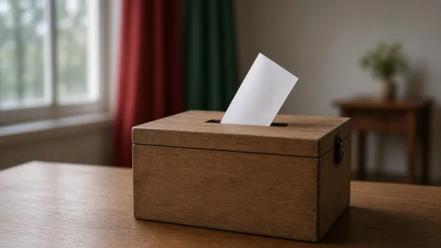 A plain wooden ballot box on a table with a blank white slip of paper going into the slot, red and green curtains blurred behind