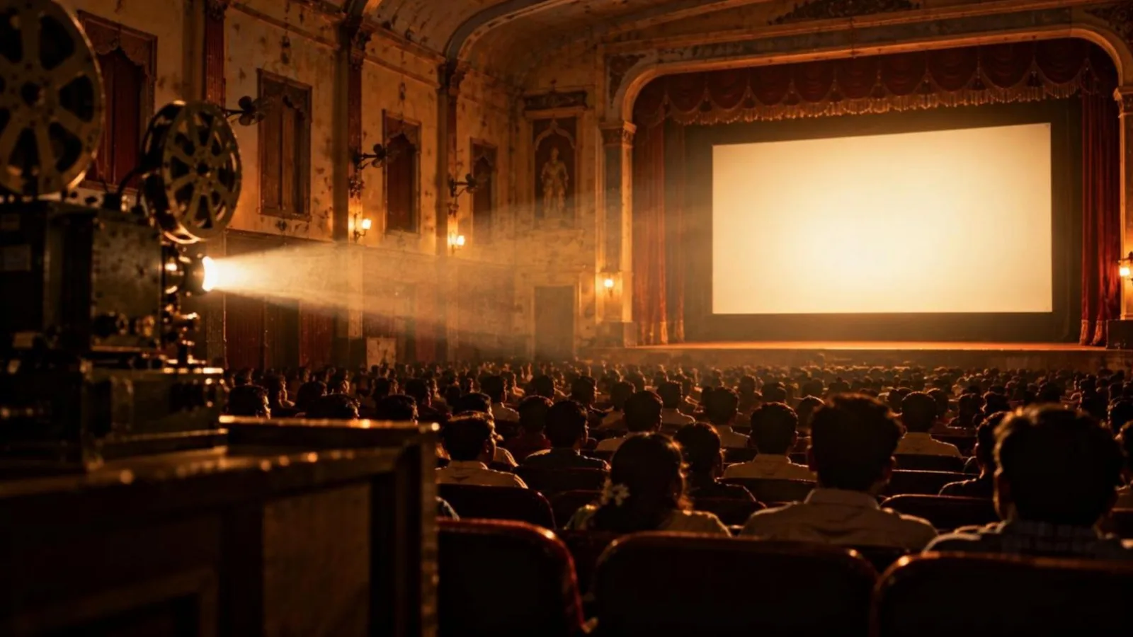 A vintage single-screen South Indian cinema hall full of audience silhouettes facing a glowing screen