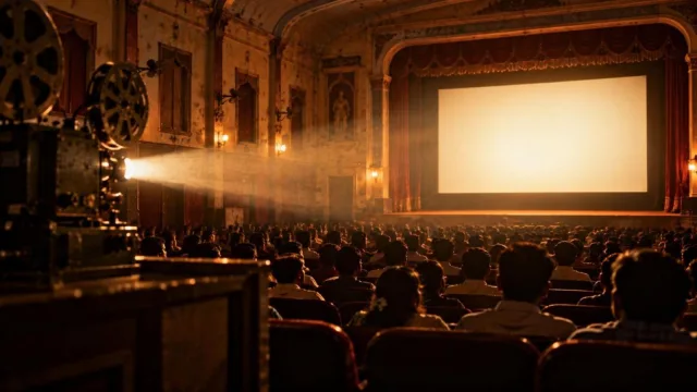 A vintage single-screen South Indian cinema hall full of audience silhouettes facing a glowing screen