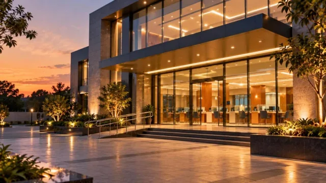Modern bank building exterior at dusk with warm interior lights