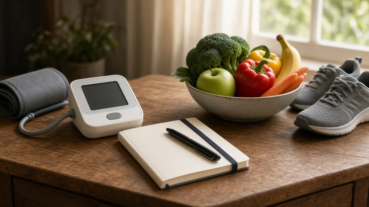 A home blood pressure monitor beside a notebook, fresh fruit and walking shoes, illustrating ways to manage hypertension