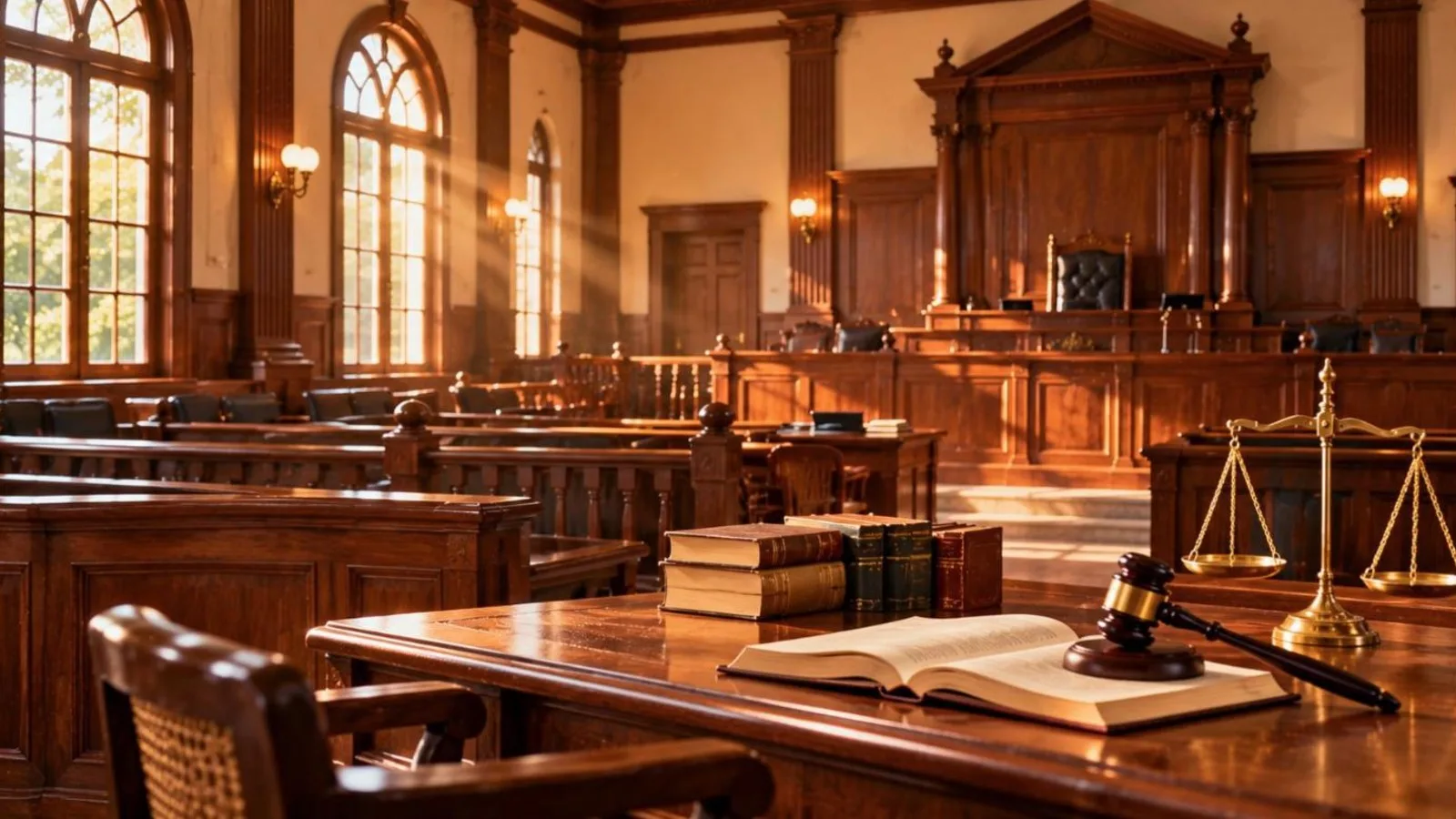 An empty Indian courtroom with wooden benches, a judge's bench, law books and brass scales of justice