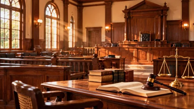 An empty Indian courtroom with wooden benches, a judge's bench, law books and brass scales of justice