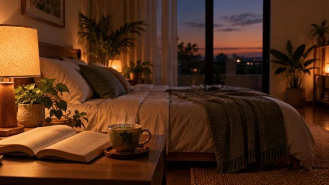 Minimalist bedroom at evening wind-down time with a book, herbal tea and dim warm lamp
