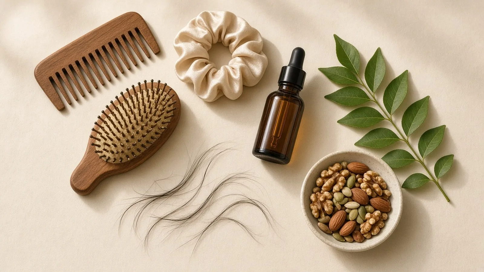 A wooden comb, bristle brush, silk scrunchie, amber dropper bottle, loose hair strands, nuts and curry leaves on a cream surface