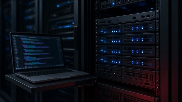 Dark server rack with glowing blue status lights beside a laptop showing blurred code under a faint red warning glow