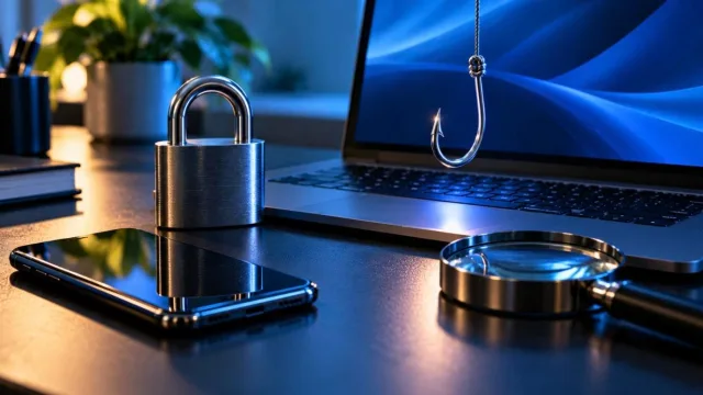Laptop and phone with a padlock and a fishing hook over the keyboard