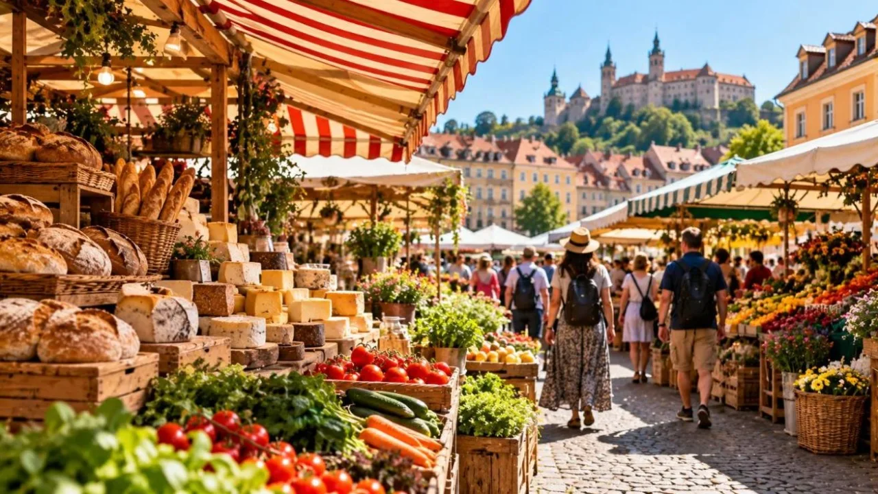 Lively open-air European food market with bread, cheese, fruit and vegetables under striped awnings