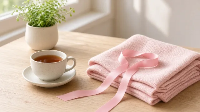 A pink awareness ribbon on a folded scarf beside a cup of tea, illustrating breast cancer awareness