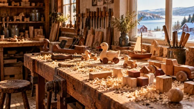 Small Scandinavian carpenter workshop with handmade wooden toys on a workbench and wood shavings