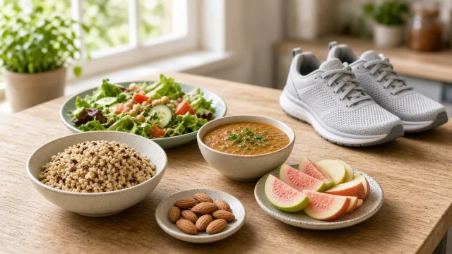 Healthy meal of millets, salad, dal, guava, apple and almonds on a wooden table next to running shoes