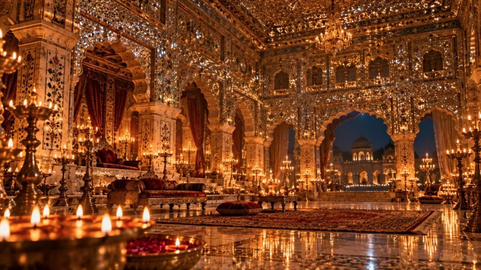 A grand Mughal palace hall film set lit by candles and glittering mirror work