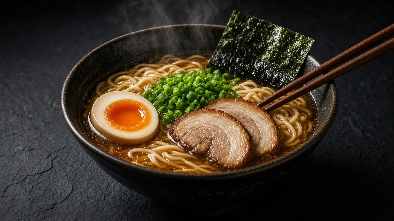 A steaming bowl of shoyu ramen with a halved marinated egg, sliced pork, nori, spring onions and bamboo shoots