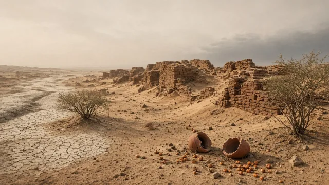 Crumbling red-brick ruins of an Indus Valley city half buried in sand beside a cracked dry riverbed, with broken pots and carnelian beads in the foreground