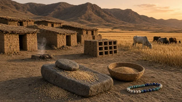 Neolithic mud-brick village with barley fields, humped zebu cattle and a grinding stone at dusk, illustrating Mehrgarh and India's first farmers