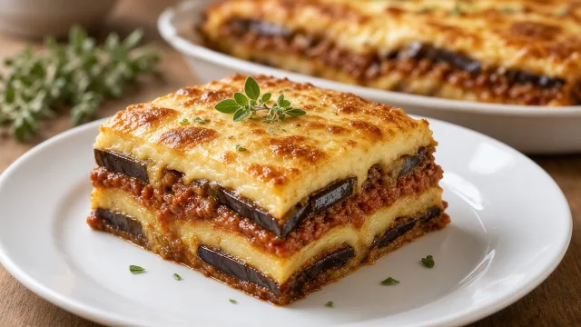 A square slice of Greek moussaka showing layers of aubergine, lamb sauce and golden béchamel