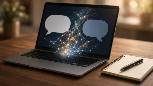 Laptop on a wooden desk showing two speech bubbles with a glowing network pattern, a notebook and pen
