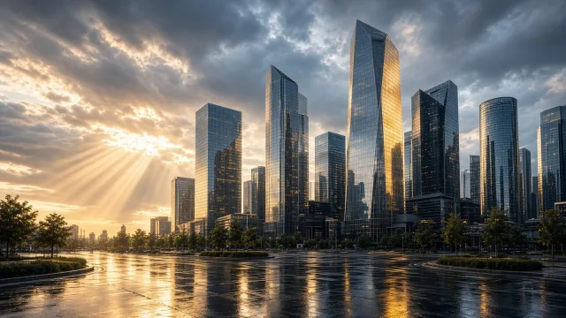 Glass towers of a financial district glowing in golden late-afternoon sunlight after rain, with sunbeams through clouds and wet streets
