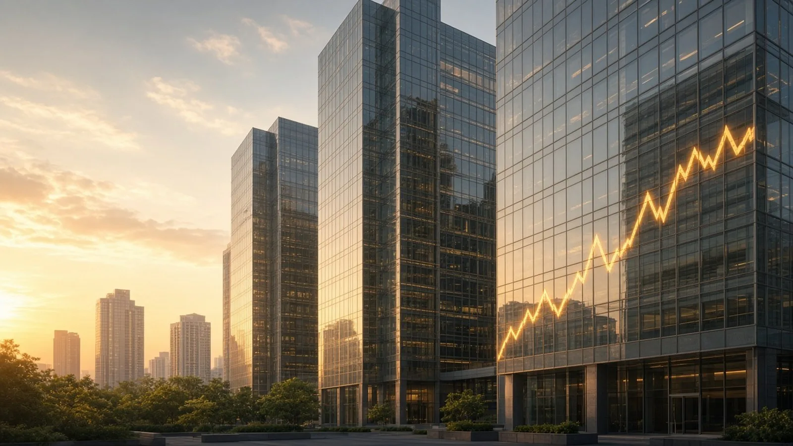 Glass office towers in a city financial district at golden hour, with a glowing upward-trending line reflected across one building's facade