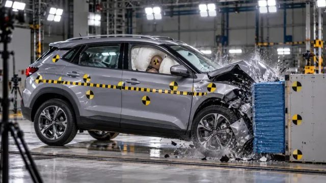 A compact SUV with crash test markers hitting a deformable barrier in a crash test laboratory