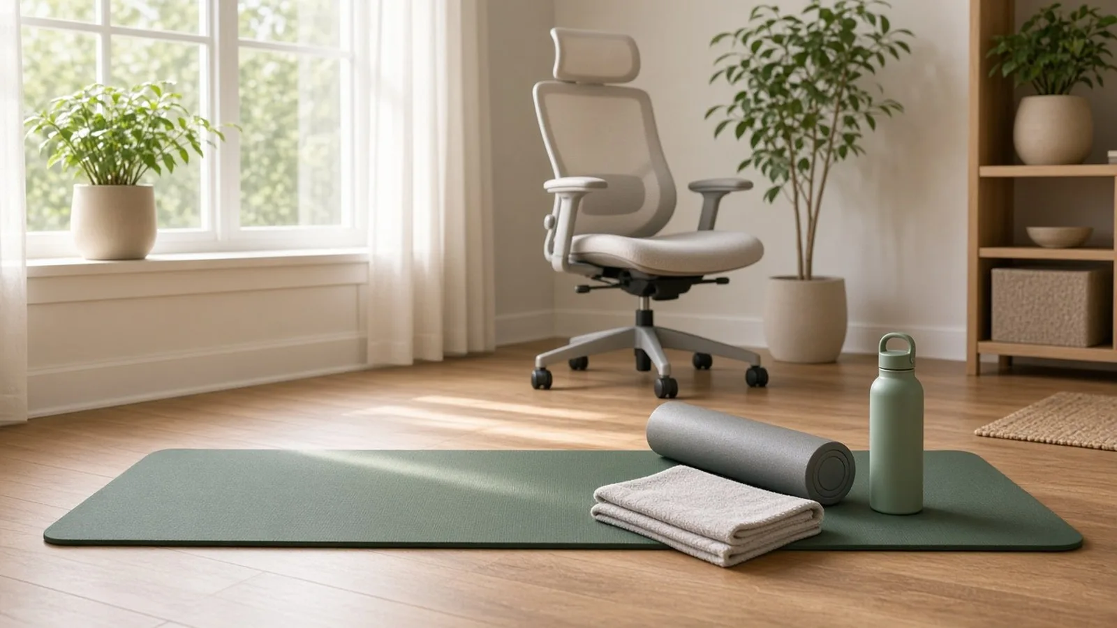 Exercise mat, foam roller, towel and water bottle on a wooden floor with an ergonomic chair by a bright window