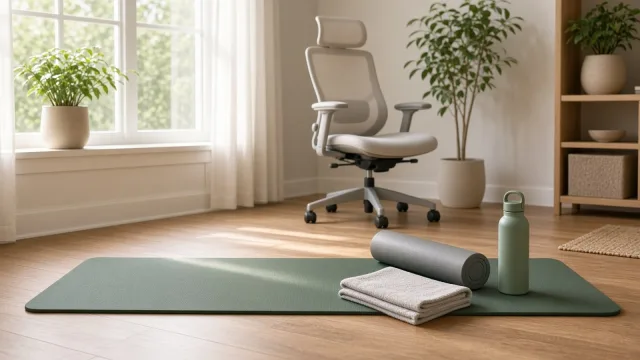 Exercise mat, foam roller, towel and water bottle on a wooden floor with an ergonomic chair by a bright window