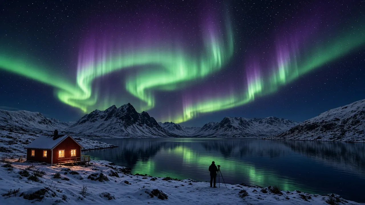 Green and violet northern lights over a snowy Arctic fjord with a small wooden cabin
