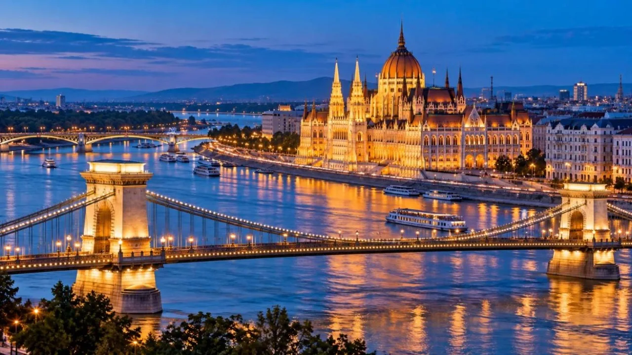 Danube riverfront in Budapest at blue hour with a lit grand parliament building and chain bridge