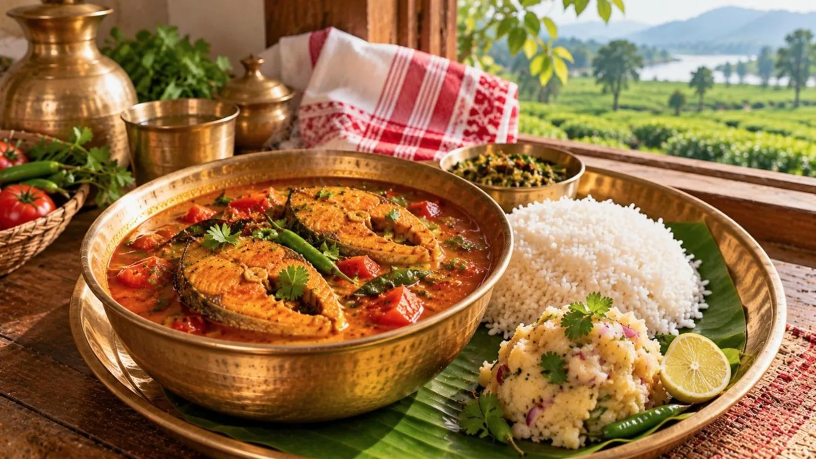 Light red Assamese masor tenga fish curry with tomatoes and lemon beside rice in a bell-metal plate