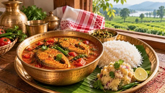 Light red Assamese masor tenga fish curry with tomatoes and lemon beside rice in a bell-metal plate