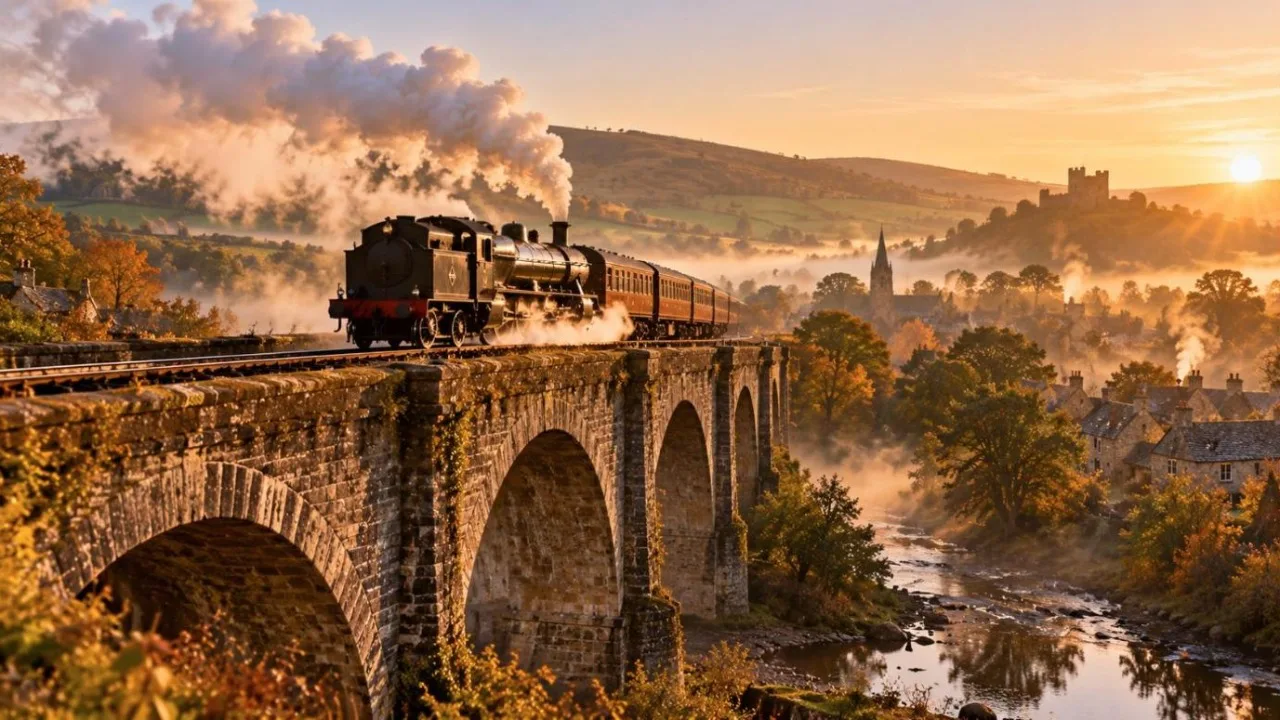 19th-century steam locomotive crossing a stone bridge in the countryside at sunrise