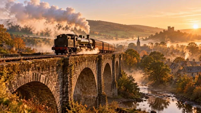 19th-century steam locomotive crossing a stone bridge in the countryside at sunrise