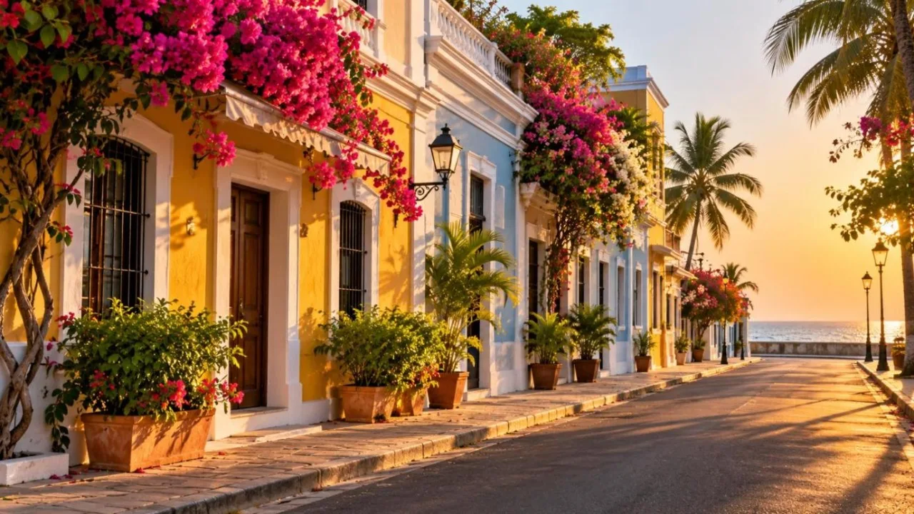 French colonial houses with bougainvillea on a street in Puducherry