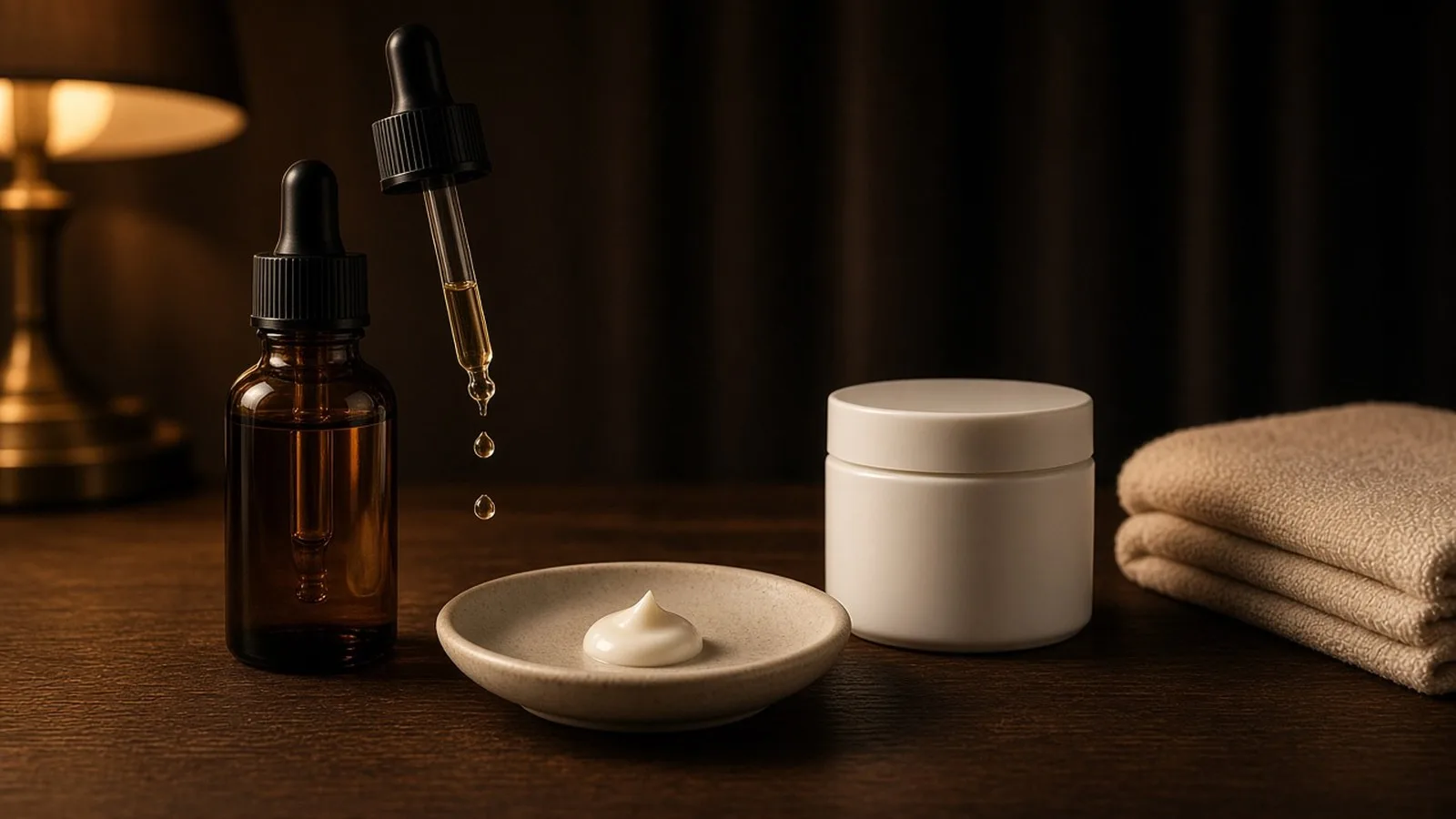 Amber serum dropper bottle, a pea-sized dot of cream on a ceramic dish and a white jar on a wooden vanity at night