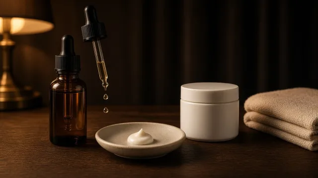 Amber serum dropper bottle, a pea-sized dot of cream on a ceramic dish and a white jar on a wooden vanity at night