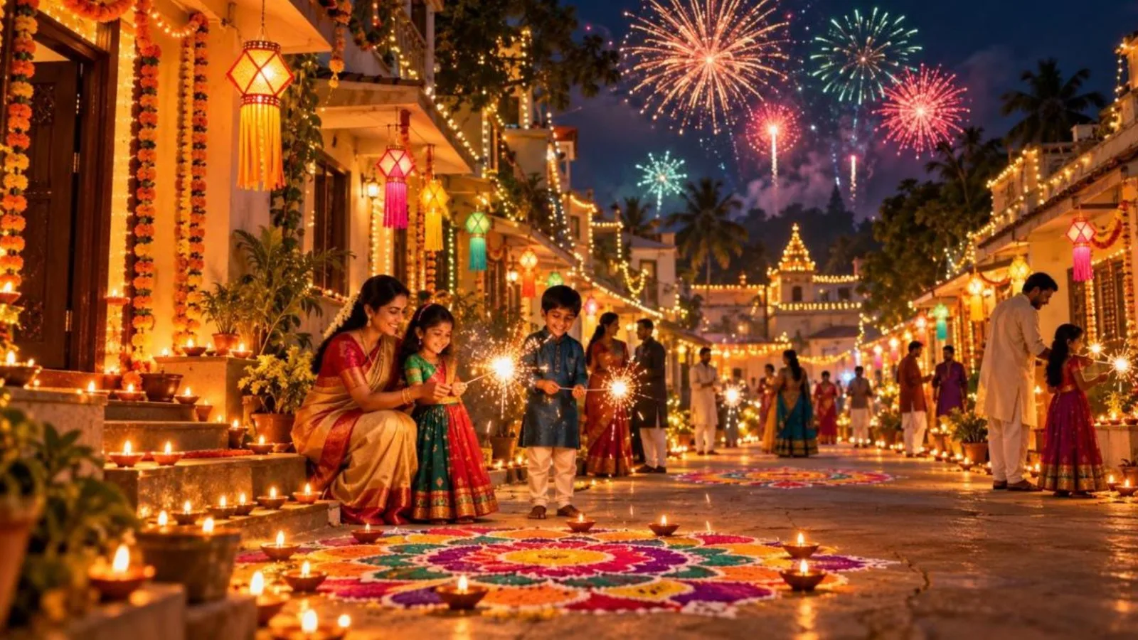 Indian town street on Diwali night with diyas, paper lanterns, children with sparklers and fireworks