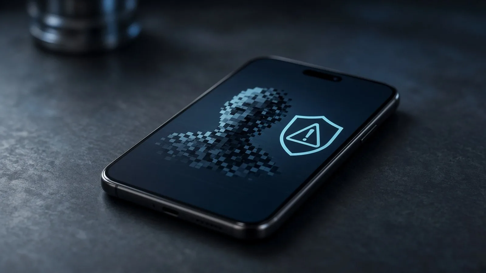 Phone on a dark table showing a pixelated glitching silhouette on a video call beside a warning shield