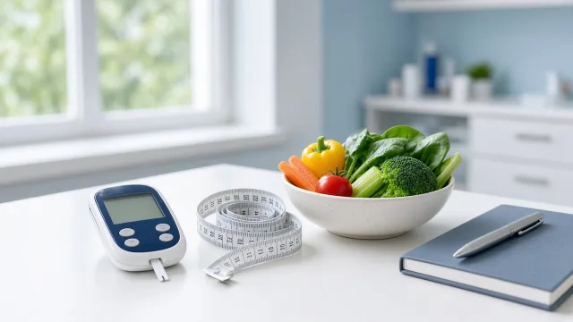 A glucose meter, measuring tape and fresh vegetables on a clinic desk, illustrating the retatrutide obesity and diabetes trial