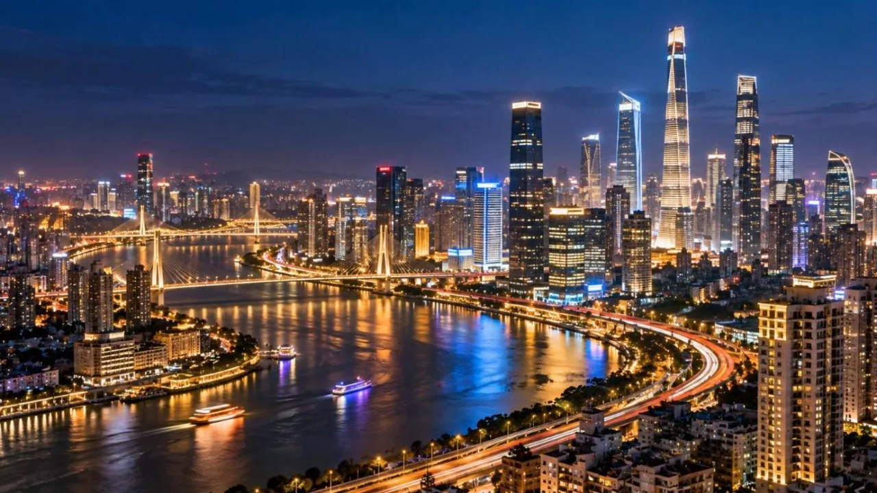 A modern Asian city skyline at night with a river and illuminated bridges