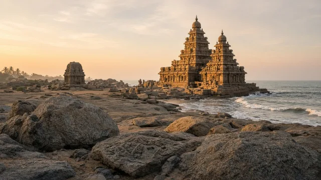 The granite Shore Temple at Mamallapuram at sunrise, its two carved towers beside breaking waves, with large weathered boulders and a small stone shrine in the foreground under a soft golden sky