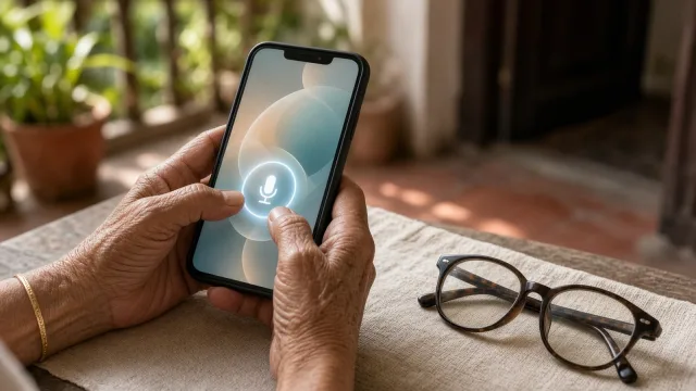 Elderly hands with a bangle holding a phone showing a microphone symbol, reading glasses beside it