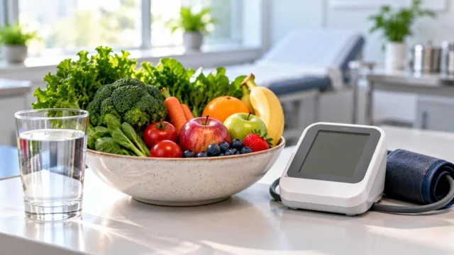 Glass of water, fruits, vegetables and a blood pressure monitor on a table
