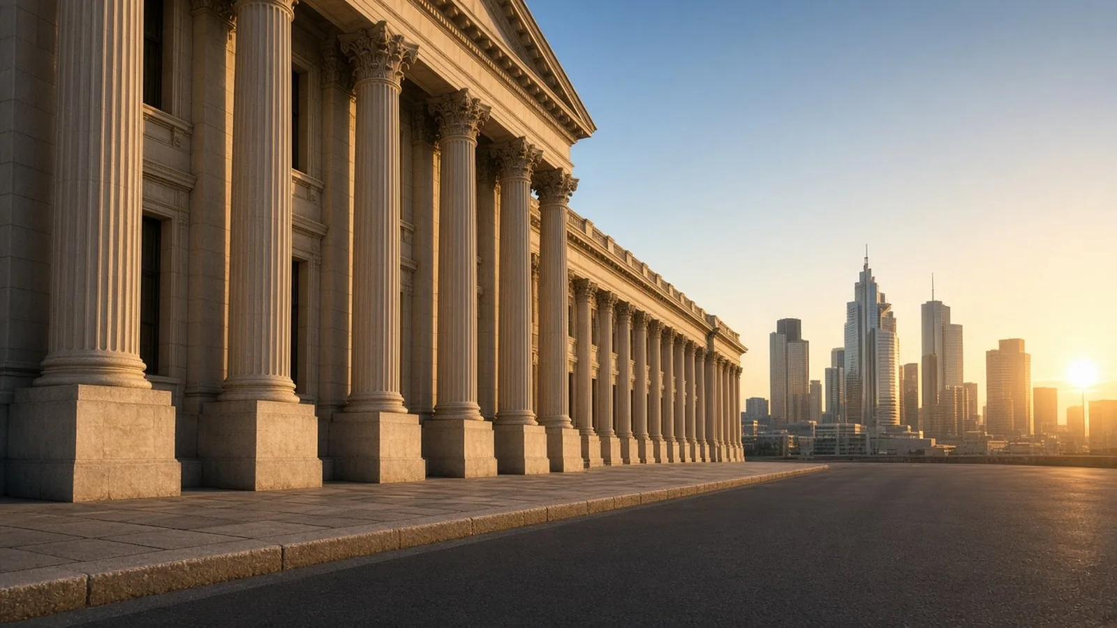 Neoclassical columned stone building in a financial district lit by warm sunrise light with a city skyline behind