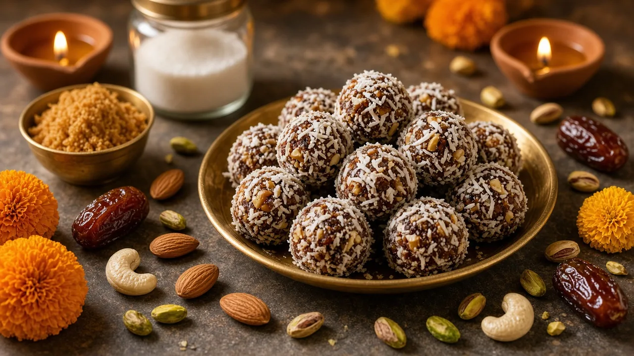 Date and nut laddoos on a brass plate with diyas and marigolds, illustrating Diwali sweets as sugar prices rise